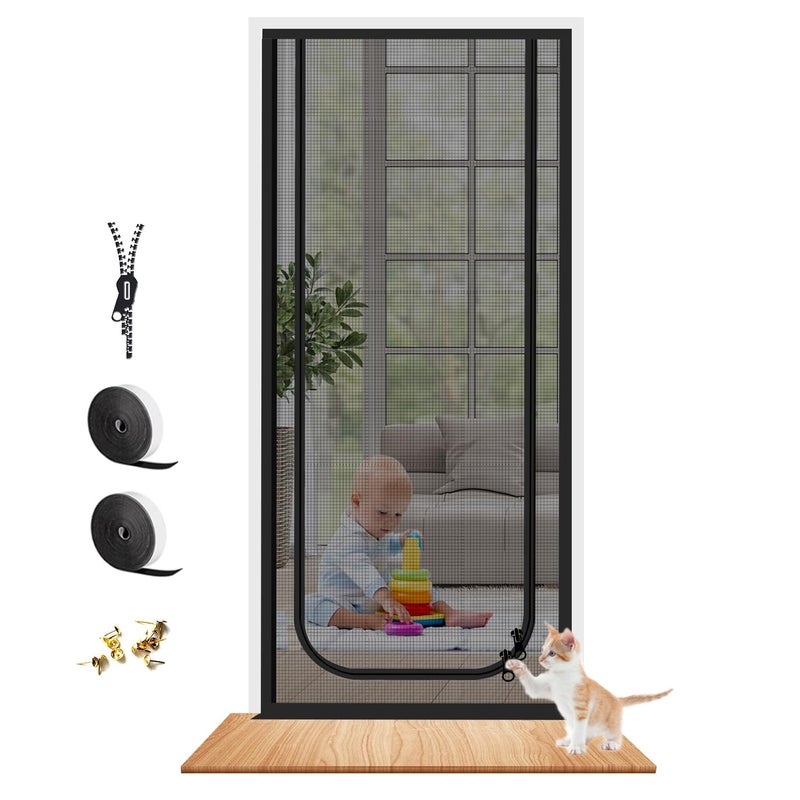 Dixutzi Pet Screen Door Thickened Cat Resistant Mesh Screen Door for Living Room  Bedroom  Kitchen  Patio  Dog Cat Scratch Proof Screen with Zipper Closure (Fits Door Size up to 35''x 80''  Black) - Image 1